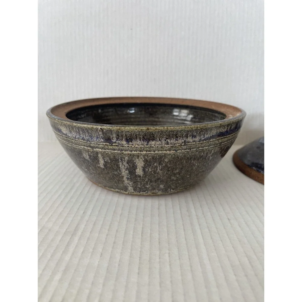 Vintage Signed Studio Pottery Covered Stoneware Serving Bowl with Lid 8